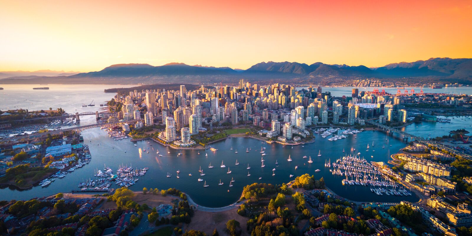 Beautiful aerial view of downtown Vancouver skyline, British Columbia, Canada at sunset