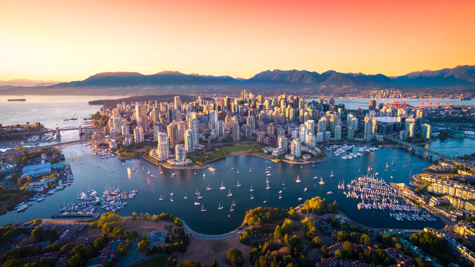 Beautiful aerial view of downtown Vancouver skyline, British Columbia, Canada at sunset