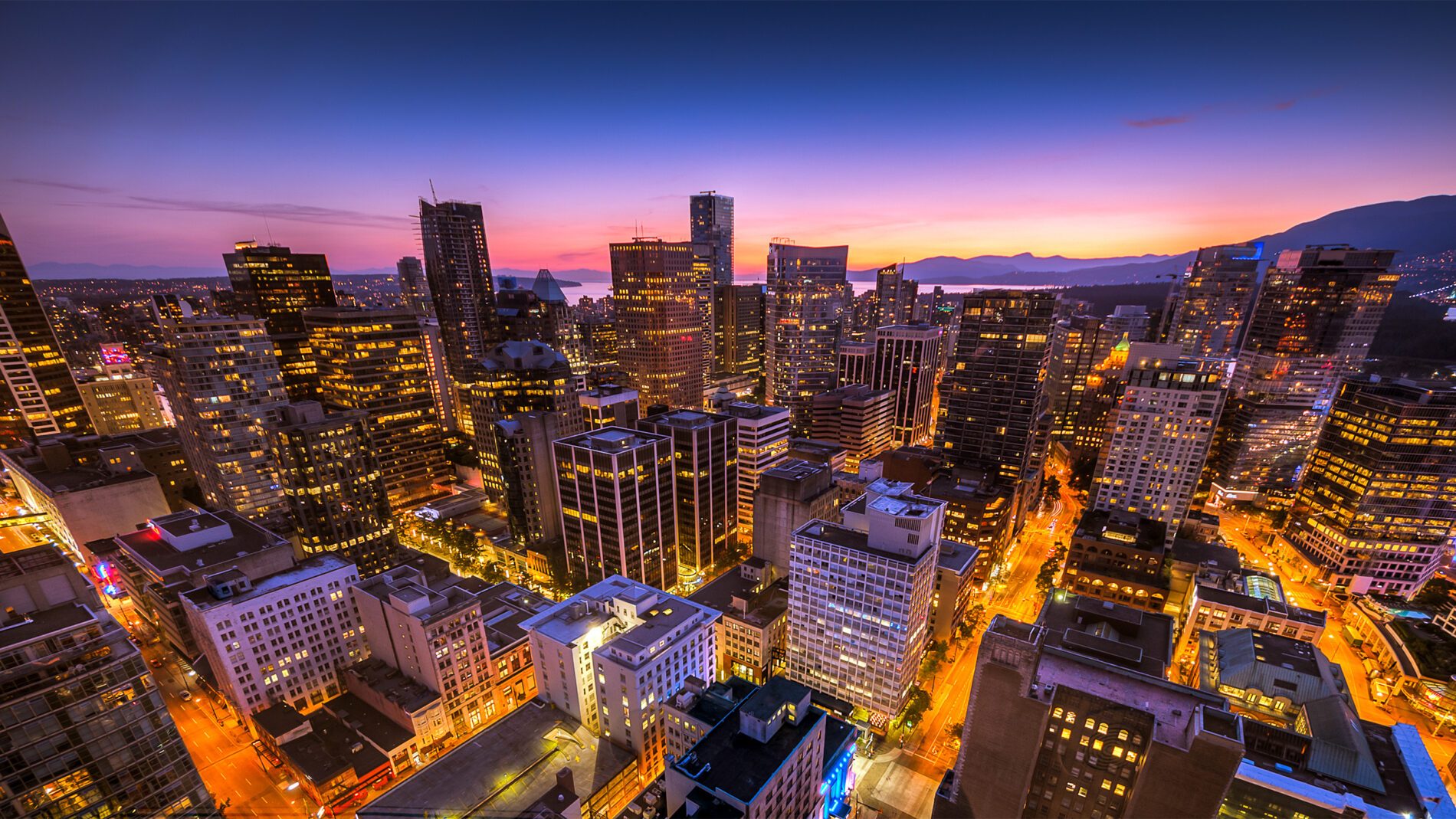 Sunset seen from the Vancouver lookout tower, British Columbia, Canada.