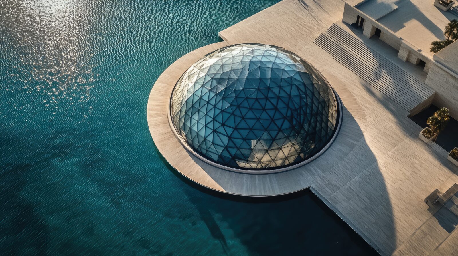 Top view of the Louvre Abu Dhabi, its unique dome reflecting sunlight patterns over calm waters. No people.