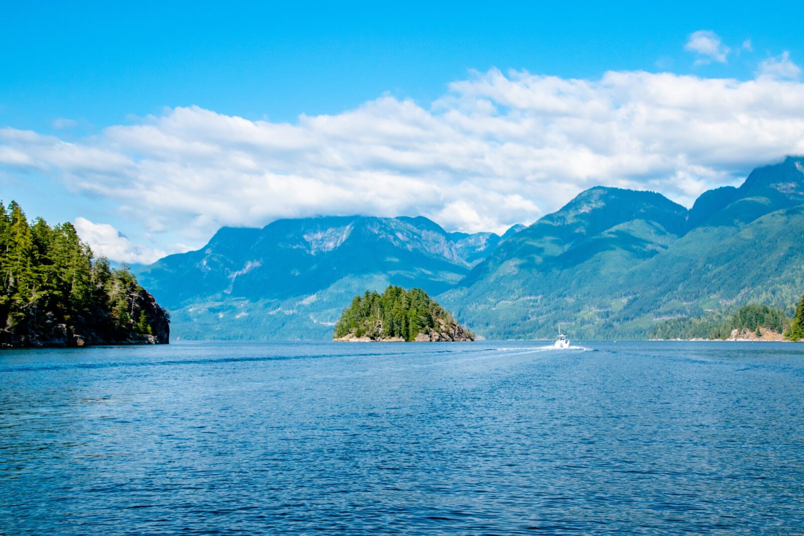 Tropical Mountains & Island on Summer Day Along Strait of Georgia in Vancouver Island, British Columbia, Canada